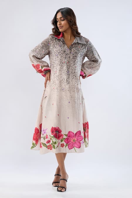Label Niti Bothra Black Tencel Beads, Sequins, Embroidery Collared Floral Pattern Dress 