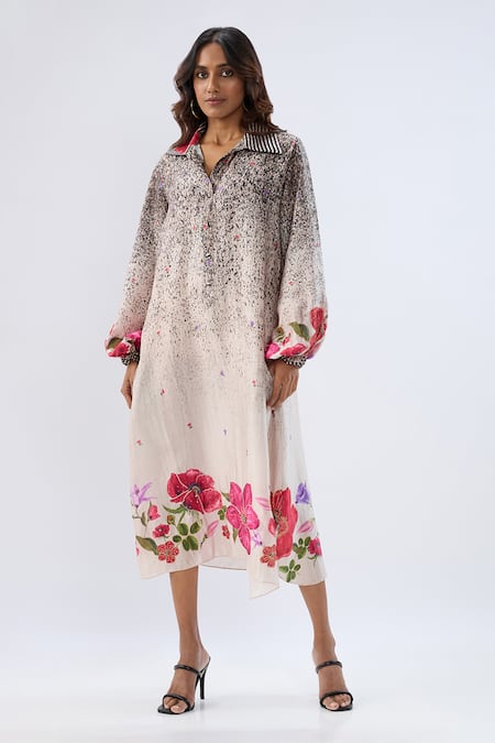 Buy_Label Niti Bothra_Black Tencel Beads, Sequins, Embroidery Collared Floral Pattern Dress _Online_at_Aza_Fashions