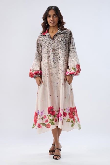 Shop_Label Niti Bothra_Black Tencel Beads, Sequins, Embroidery Collared Floral Pattern Dress _Online_at_Aza_Fashions