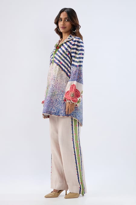Label Niti Bothra_Blue Tencel, Silk Beads, Sequins, Embroidery Stripe Pattern Tunic With Pant _Online_at_Aza_Fashions