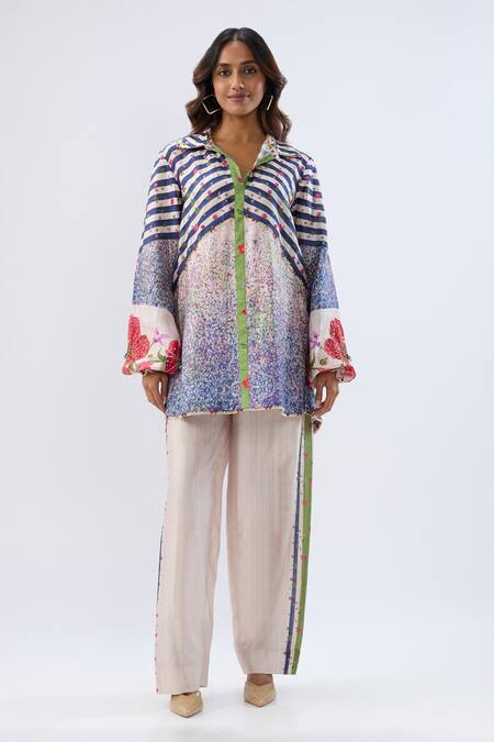 Buy_Label Niti Bothra_Blue Tencel, Silk Beads, Sequins, Embroidery Stripe Pattern Tunic With Pant _Online_at_Aza_Fashions