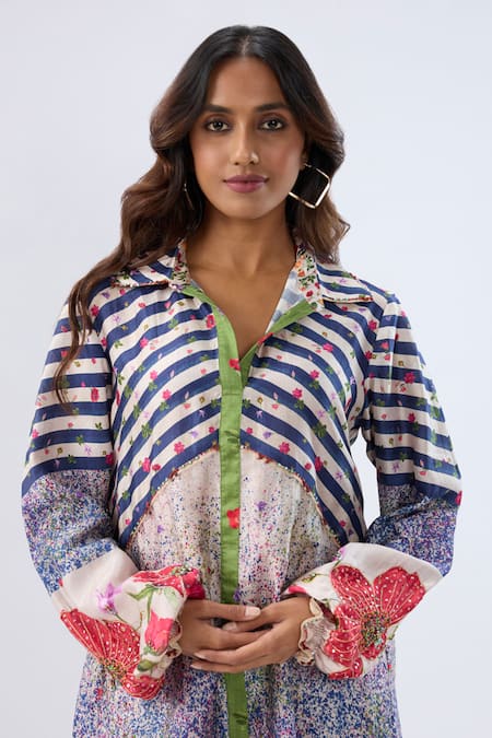 Shop_Label Niti Bothra_Blue Tencel, Silk Beads, Sequins, Embroidery Stripe Pattern Tunic With Pant _Online_at_Aza_Fashions