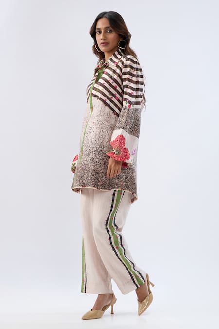 Label Niti Bothra_Black Tencel Beads, Sequins, Embroidery Collared Stripe Pattern Tunic With Pant _Online_at_Aza_Fashions