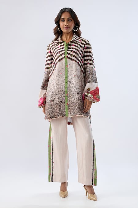 Buy_Label Niti Bothra_Black Tencel Beads, Sequins, Embroidery Collared Stripe Pattern Tunic With Pant _Online_at_Aza_Fashions