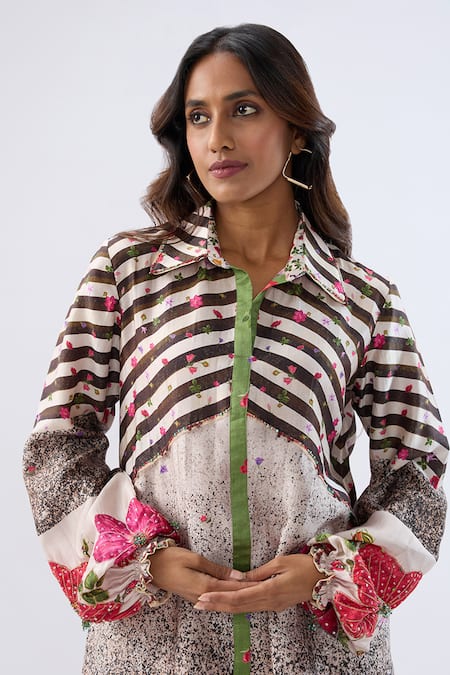 Shop_Label Niti Bothra_Black Tencel Beads, Sequins, Embroidery Collared Stripe Pattern Tunic With Pant _Online_at_Aza_Fashions