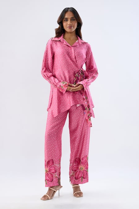 Label Niti Bothra Pink Tencel, Silk Beads, Sequins, Embroidery Polka Dot Print Shirt With Pant