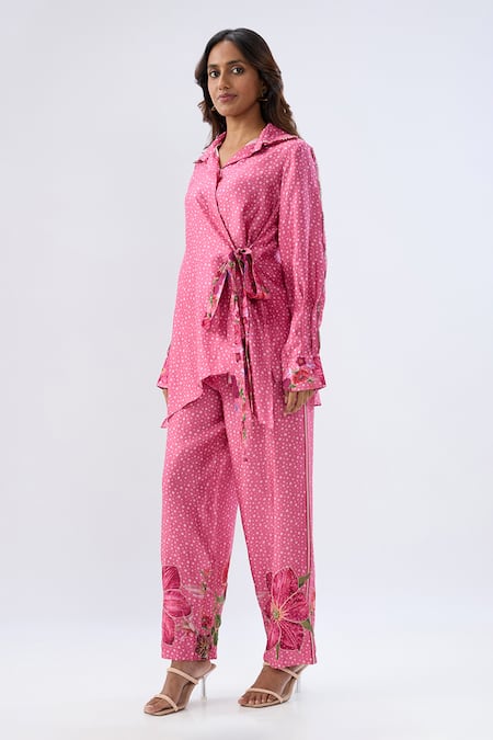 Label Niti Bothra_Pink Tencel, Silk Beads, Sequins, Embroidery Polka Dot Print Shirt With Pant _Online_at_Aza_Fashions