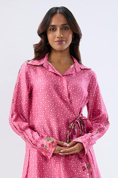 Buy_Label Niti Bothra_Pink Tencel, Silk Beads, Sequins, Embroidery Polka Dot Print Shirt With Pant _Online_at_Aza_Fashions