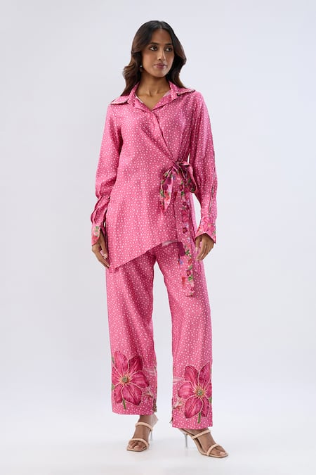 Shop_Label Niti Bothra_Pink Tencel, Silk Beads, Sequins, Embroidery Polka Dot Print Shirt With Pant _Online_at_Aza_Fashions
