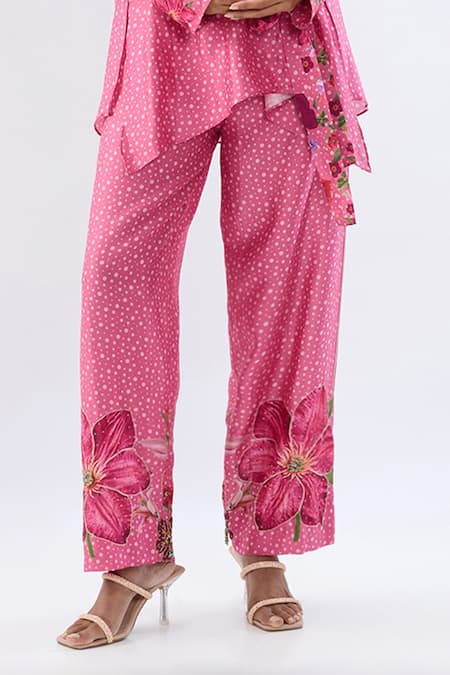 Label Niti Bothra_Pink Tencel, Silk Beads, Sequins, Embroidery Polka Dot Print Shirt With Pant _at_Aza_Fashions