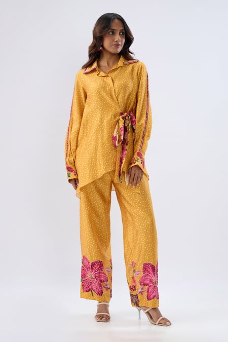 Label Niti Bothra_Yellow Tencel Beads, Sequins, Embroidery Polka Dot Print Shirt With Pant _Online_at_Aza_Fashions