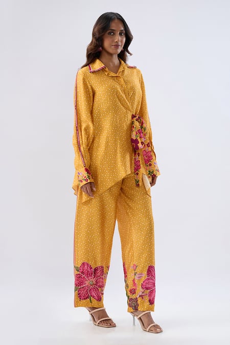 Buy_Label Niti Bothra_Yellow Tencel Beads, Sequins, Embroidery Polka Dot Print Shirt With Pant _Online_at_Aza_Fashions