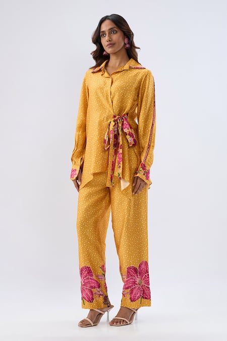 Shop_Label Niti Bothra_Yellow Tencel Beads, Sequins, Embroidery Polka Dot Print Shirt With Pant _Online_at_Aza_Fashions