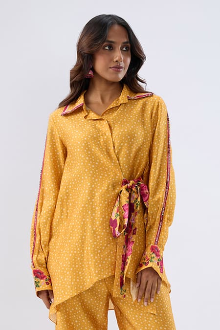 Label Niti Bothra_Yellow Tencel Beads, Sequins, Embroidery Polka Dot Print Shirt With Pant _at_Aza_Fashions