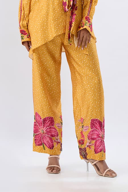 Buy_Label Niti Bothra_Yellow Tencel Beads, Sequins, Embroidery Polka Dot Print Shirt With Pant 