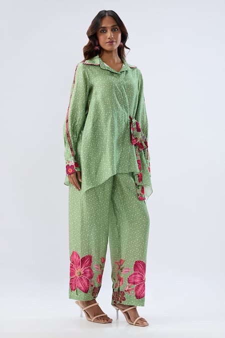 Label Niti Bothra_Green Tencel, Silk Beads, Sequins, Embroidery Floral Pattern Shirt With Pant _Online_at_Aza_Fashions