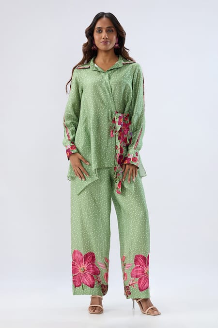 Label Niti Bothra Green Tencel, Silk Beads, Sequins, Embroidery Floral Pattern Shirt With Pant 
