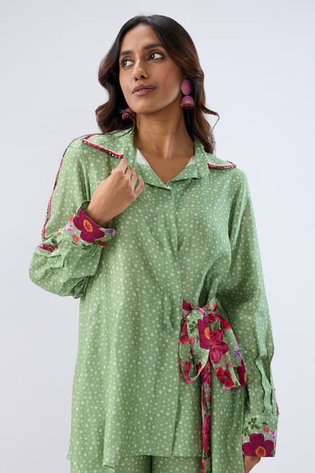 Buy_Label Niti Bothra_Green Tencel, Silk Beads, Sequins, Embroidery Floral Pattern Shirt With Pant _Online_at_Aza_Fashions