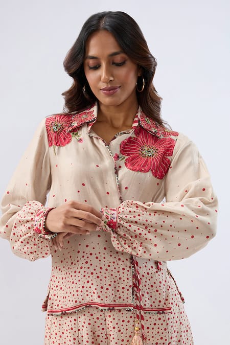 Label Niti Bothra Beige Tencel, Silk Beads, Sequins, Embroidery Floral Pattern Shirt With Sharara Online at Aza Fashions Label Niti Bothra_Beige Tencel, Silk Beads, Sequins, Embroidery Floral Pattern Shirt With Sharara _Online_at_Aza_Fashions