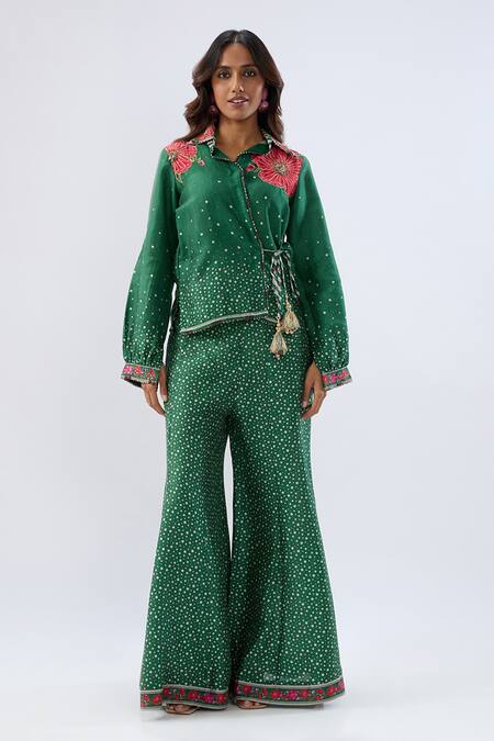 Label Niti Bothra_Green Tencel, Silk Beads, Sequins, Embroidery Floral Print Shirt With Sharara _Online_at_Aza_Fashions