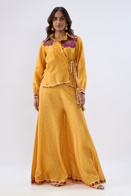 Label Niti Bothra_Yellow Tencel Beads, Sequins, Embroidery Floral Pattern Shirt With Sharara _Online_at_Aza_Fashions