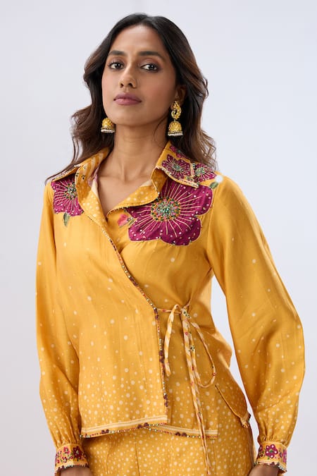 Shop_Label Niti Bothra_Yellow Tencel Beads, Sequins, Embroidery Floral Pattern Shirt With Sharara _Online_at_Aza_Fashions