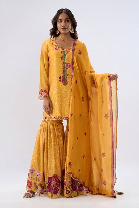 Label Niti Bothra_Yellow Chanderi , Organza Beads, Floral Pattern Kurta Sharara Set _Online_at_Aza_Fashions