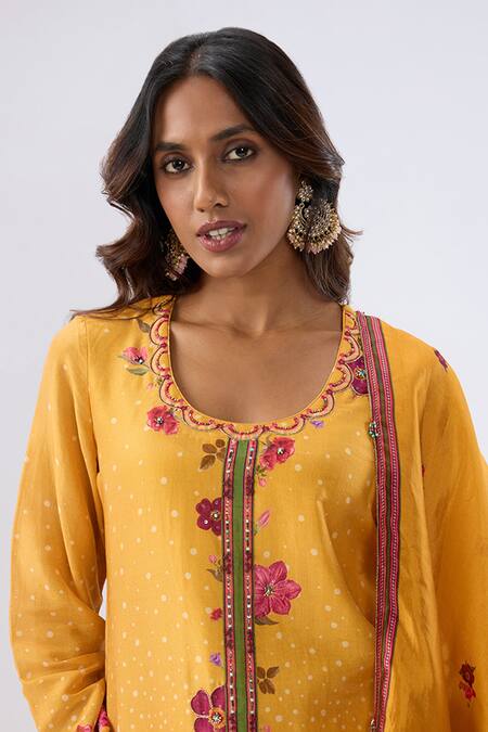 Buy_Label Niti Bothra_Yellow Chanderi , Organza Beads, Floral Pattern Kurta Sharara Set _Online_at_Aza_Fashions