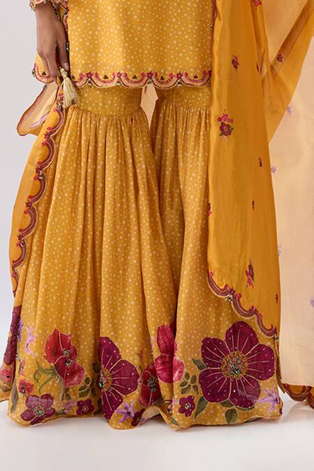 Shop_Label Niti Bothra_Yellow Chanderi , Organza Beads, Floral Pattern Kurta Sharara Set _Online_at_Aza_Fashions