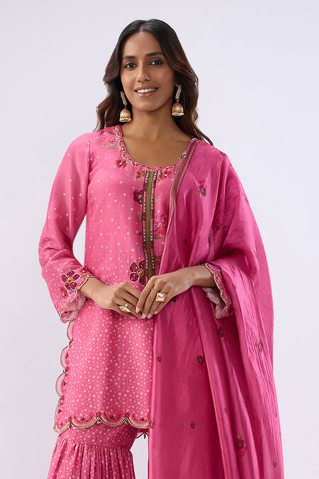 Label Niti Bothra_Pink Chanderi , Organza Beads, Floral Pattern Kurta Sharara Set _at_Aza_Fashions