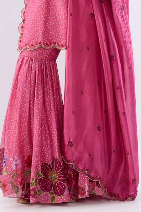 Buy_Label Niti Bothra_Pink Chanderi , Organza Beads, Floral Pattern Kurta Sharara Set 