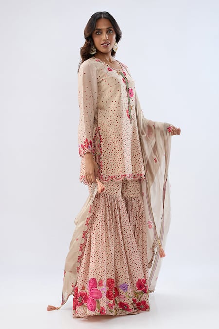 Label Niti Bothra_Ivory Silk Organza Beads, Sequins, Embroidery, Floral Pattern Kurta Sharara Set _Online_at_Aza_Fashions
