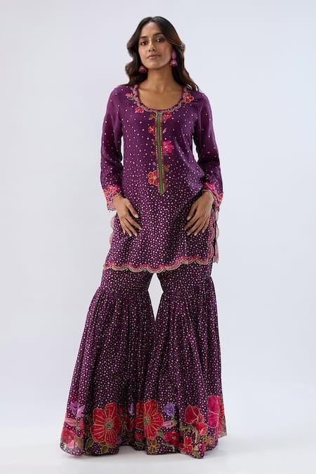 Label Niti Bothra_Purple Chanderi , Organza Beads, Floral Pattern Kurta Sharara Set _Online_at_Aza_Fashions