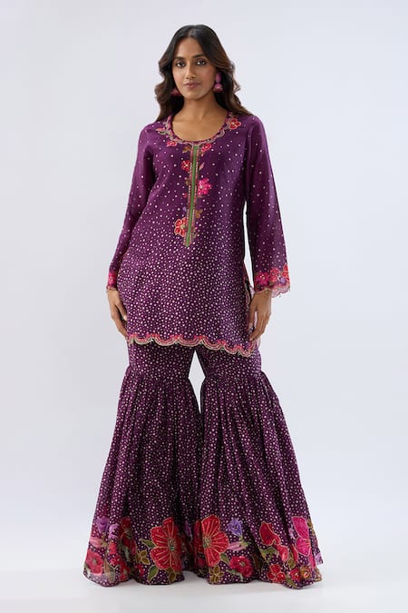 Buy_Label Niti Bothra_Purple Chanderi , Organza Beads, Floral Pattern Kurta Sharara Set _Online_at_Aza_Fashions