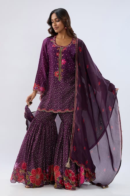 Label Niti Bothra Purple Chanderi , Organza Beads, Floral Pattern Kurta Sharara Set 