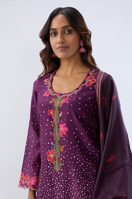 Shop_Label Niti Bothra_Purple Chanderi , Organza Beads, Floral Pattern Kurta Sharara Set _Online_at_Aza_Fashions