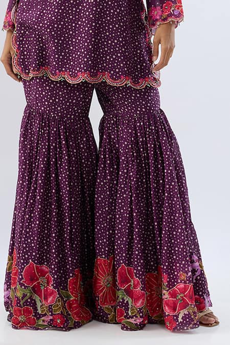 Label Niti Bothra_Purple Chanderi , Organza Beads, Floral Pattern Kurta Sharara Set _at_Aza_Fashions