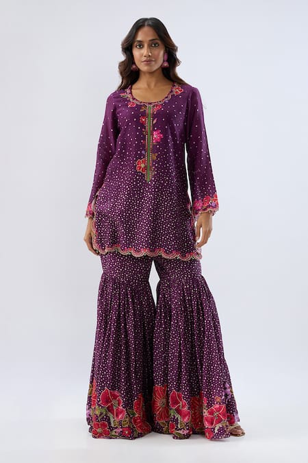 Buy_Label Niti Bothra_Purple Chanderi , Organza Beads, Floral Pattern Kurta Sharara Set 