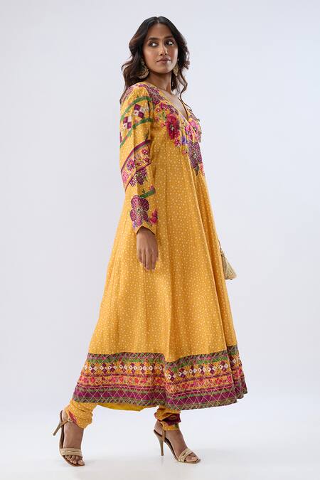 Label Niti Bothra_Yellow Tencel, Silk Organza Embroidery, Beads, Blossom Pattern Kurta Set _Online_at_Aza_Fashions