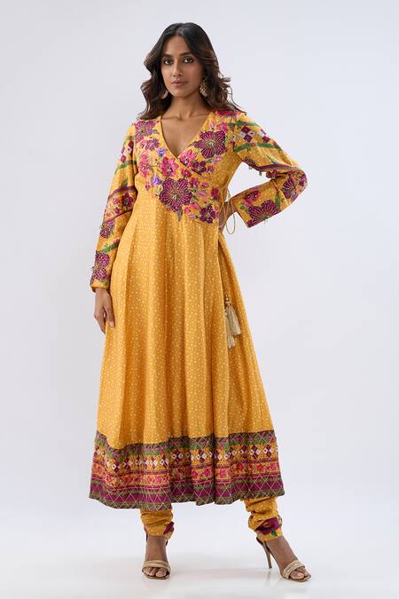 Buy_Label Niti Bothra_Yellow Tencel, Silk Organza Embroidery, Beads, Blossom Pattern Kurta Set _Online_at_Aza_Fashions