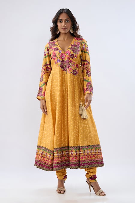 Shop_Label Niti Bothra_Yellow Tencel, Silk Organza Embroidery, Beads, Blossom Pattern Kurta Set _Online_at_Aza_Fashions