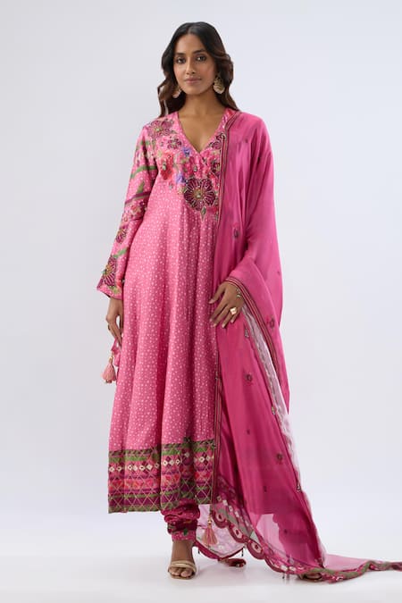 Label Niti Bothra_Pink , Tencel, Organza Beads, Sequins, Floral Pattern Kurta Set _Online_at_Aza_Fashions