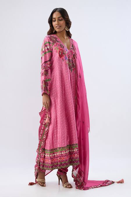 Shop_Label Niti Bothra_Pink , Tencel, Organza Beads, Sequins, Floral Pattern Kurta Set _Online_at_Aza_Fashions