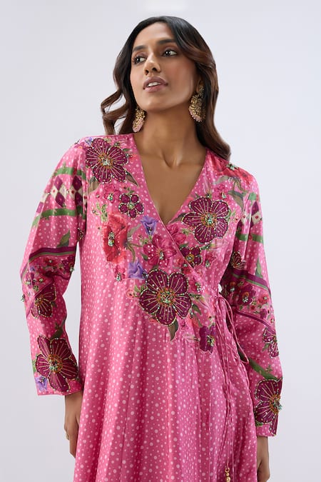Label Niti Bothra_Pink , Tencel, Organza Beads, Sequins, Floral Pattern Kurta Set _at_Aza_Fashions