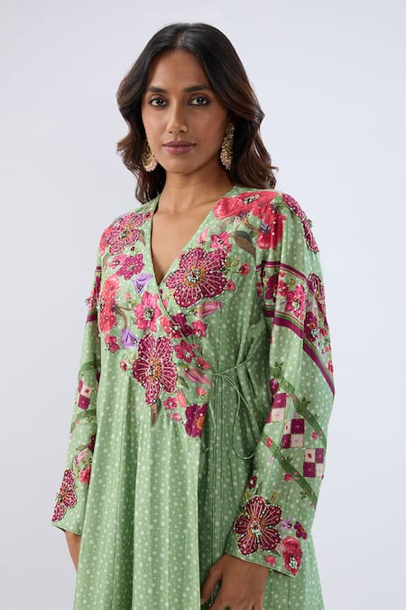 Label Niti Bothra_Green Tencel, , Organza Beads, Sequins, Floral Pattern Kurta Set _Online_at_Aza_Fashions