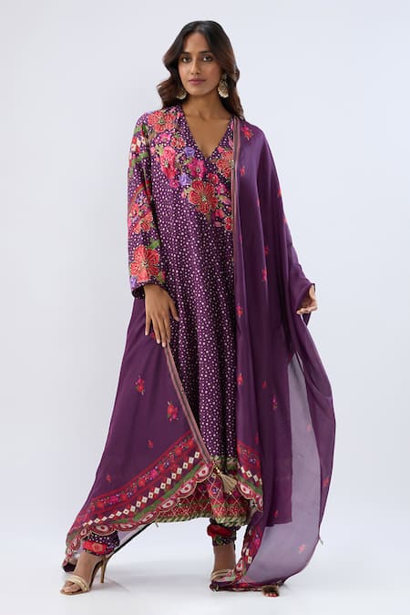 Label Niti Bothra_Purple , Tencel, Organza Beads, Sequins, Floral Pattern Kurta Set _Online_at_Aza_Fashions