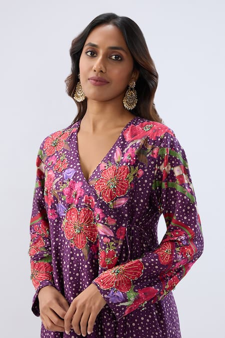 Label Niti Bothra_Purple , Tencel, Organza Beads, Sequins, Floral Pattern Kurta Set _at_Aza_Fashions
