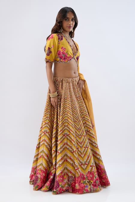 Label Niti Bothra_Yellow Chanderi , , Chanderi, Organza Stripe Pattern Lehenga Set _Online_at_Aza_Fashions
