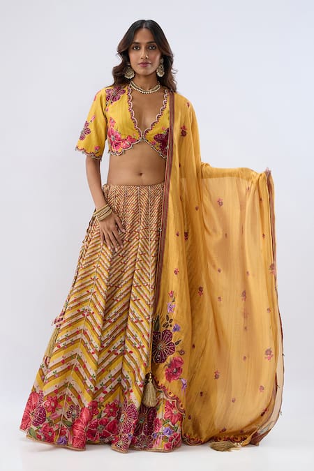 Shop_Label Niti Bothra_Yellow Chanderi , , Chanderi, Organza Stripe Pattern Lehenga Set _Online_at_Aza_Fashions