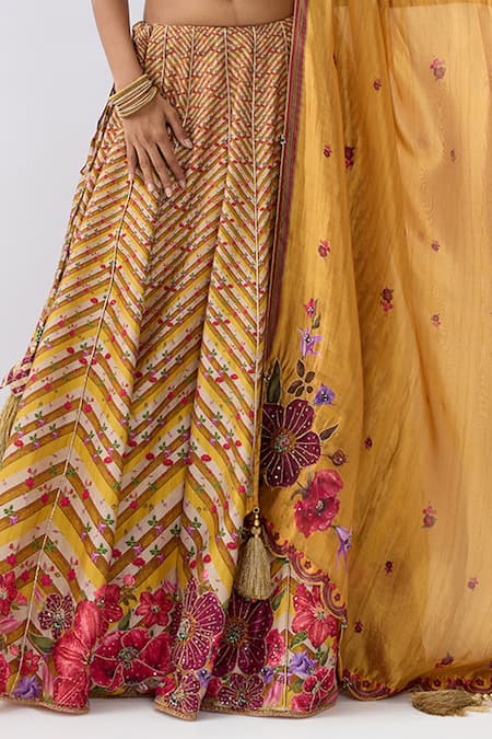 Label Niti Bothra_Yellow Chanderi , , Chanderi, Organza Stripe Pattern Lehenga Set _at_Aza_Fashions